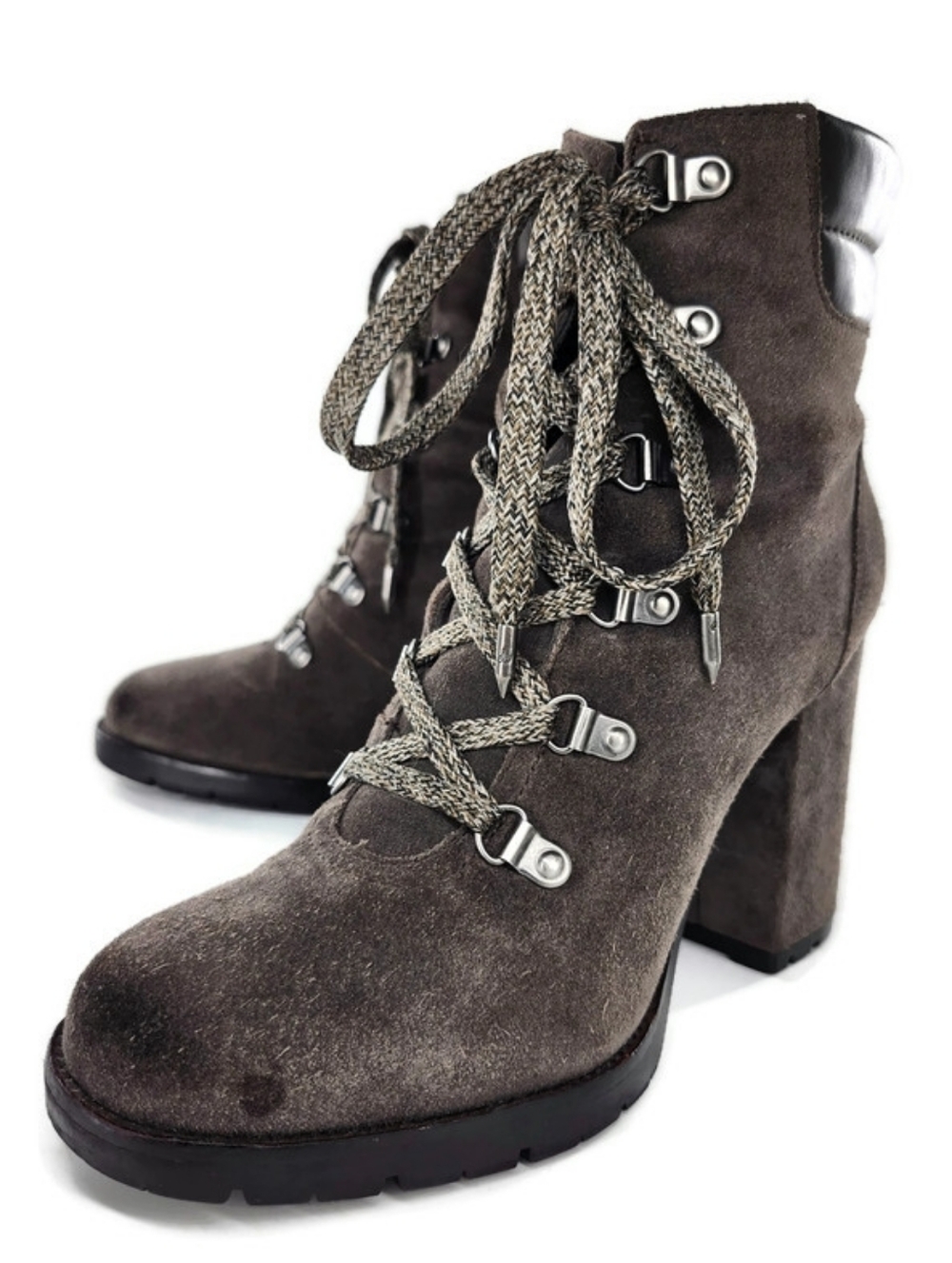 Sam Edelman Carolena Grey Suede Lace-Up Block High Heel Lug Sole Hiking Boots